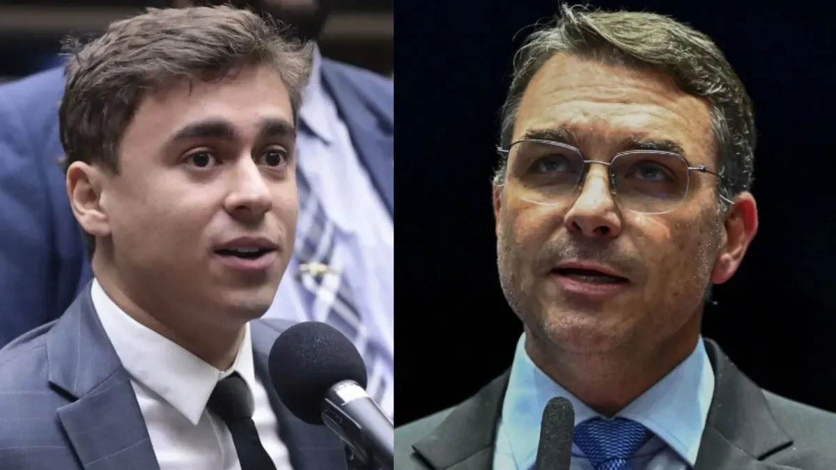 Deputado Nikolas Ferreira (PL-MG), à esquerda), e senador Flávio Bolsonaro (PL-RJ), à direita • Vinicius Loures/Câmara dos Deputados | Andressa Anholete/Agência Senado