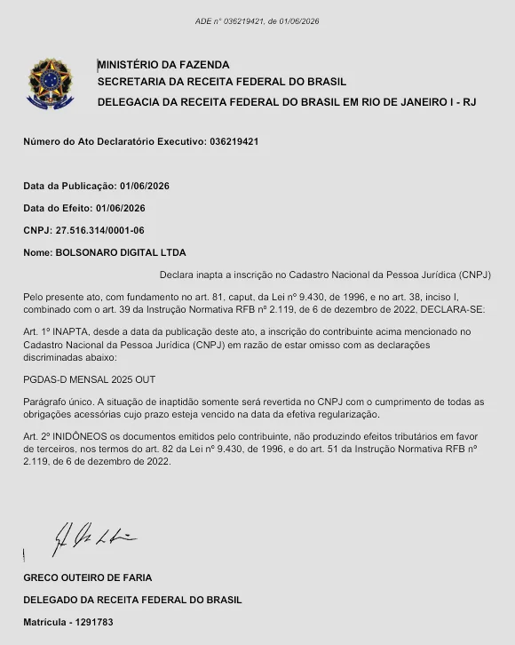 Ato Declaratório Executivo Receita Federal sobre Bolsonaro Digital de Flávio Bolsonaro e clã.