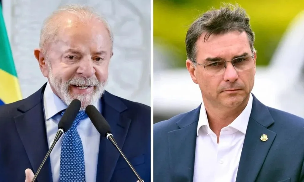 O presidente Lula (PT) e o senador Flávio Bolsonaro (PL-RJ) em montagem de duas fotos