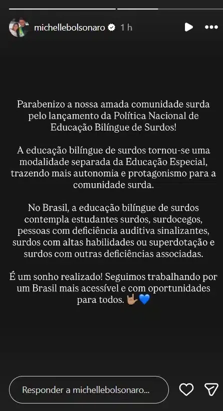 Publicação de Michelle Bolsonaro no story do Instagram. Foto: Divulgação